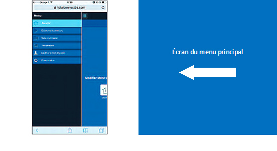 : Menu principal de l’application mobile Total Connect 2.0E pour le système d’alarme Le Sucre.