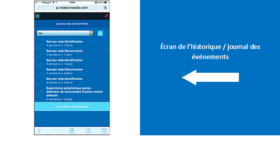 L’historique des événements est visible sur cette page de l’application mobile « Total Connect 2.0E »